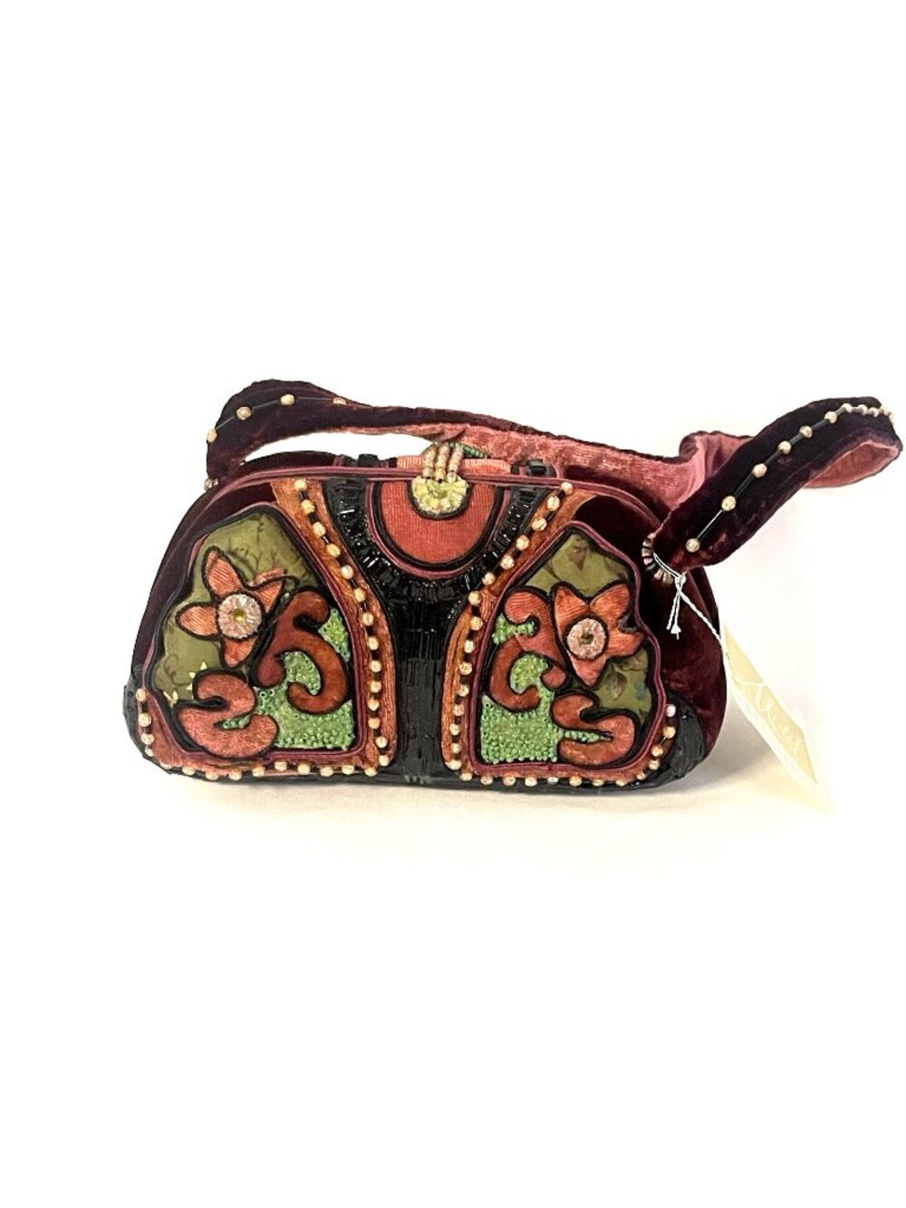 Mary Frances Motif Beaded Handbag Hard Case Art Purse 925-18 w Tag Green Pink